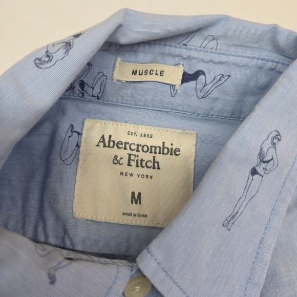 Abercrombie & Fitch Babe Pin Up Short Sleeve Button Shirt Men Medium Muscle Fit - Picture 7 of 9